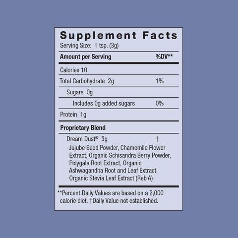 Packaging and ingredients list for Dream Dust Night Rest blend (Ashwagandha, Jujube, Polygala, Chamomile, Schisandra)