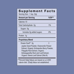 Packaging and ingredients list for Dream Dust Night Rest blend (Ashwagandha, Jujube, Polygala, Chamomile, Schisandra)