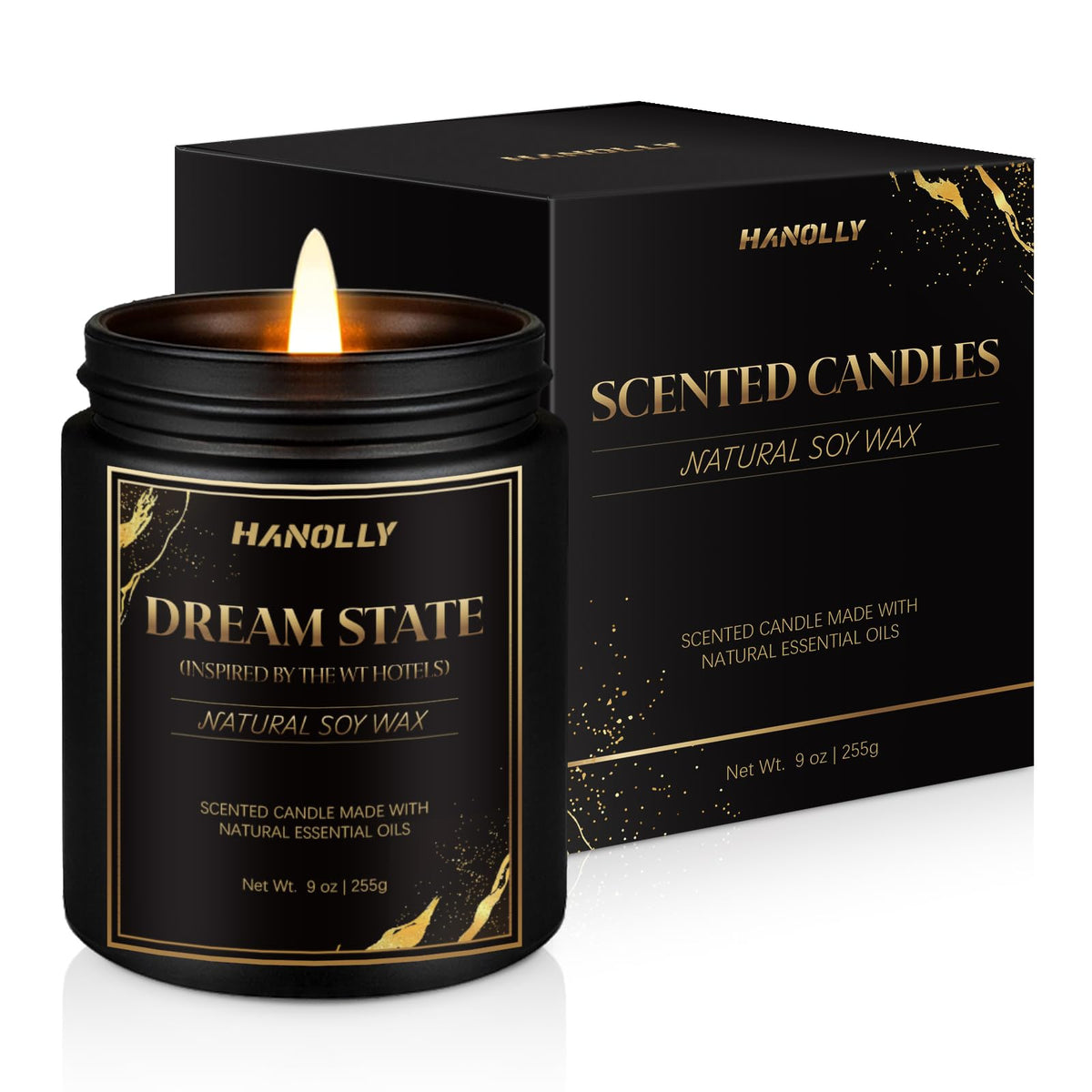 Dream State Hotel Candle 9 oz in a sleek black jar on a nightstand