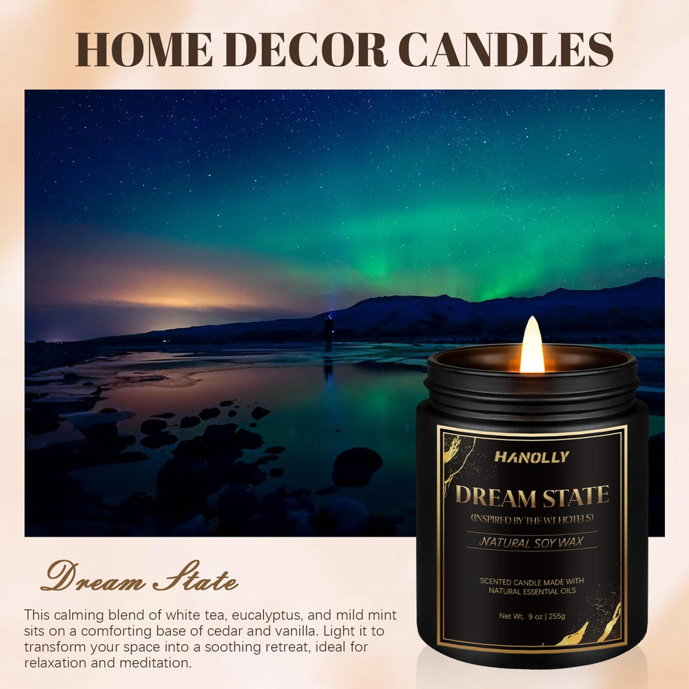 Close-up of Dream State Hotel Candle 9 oz label on the black jar