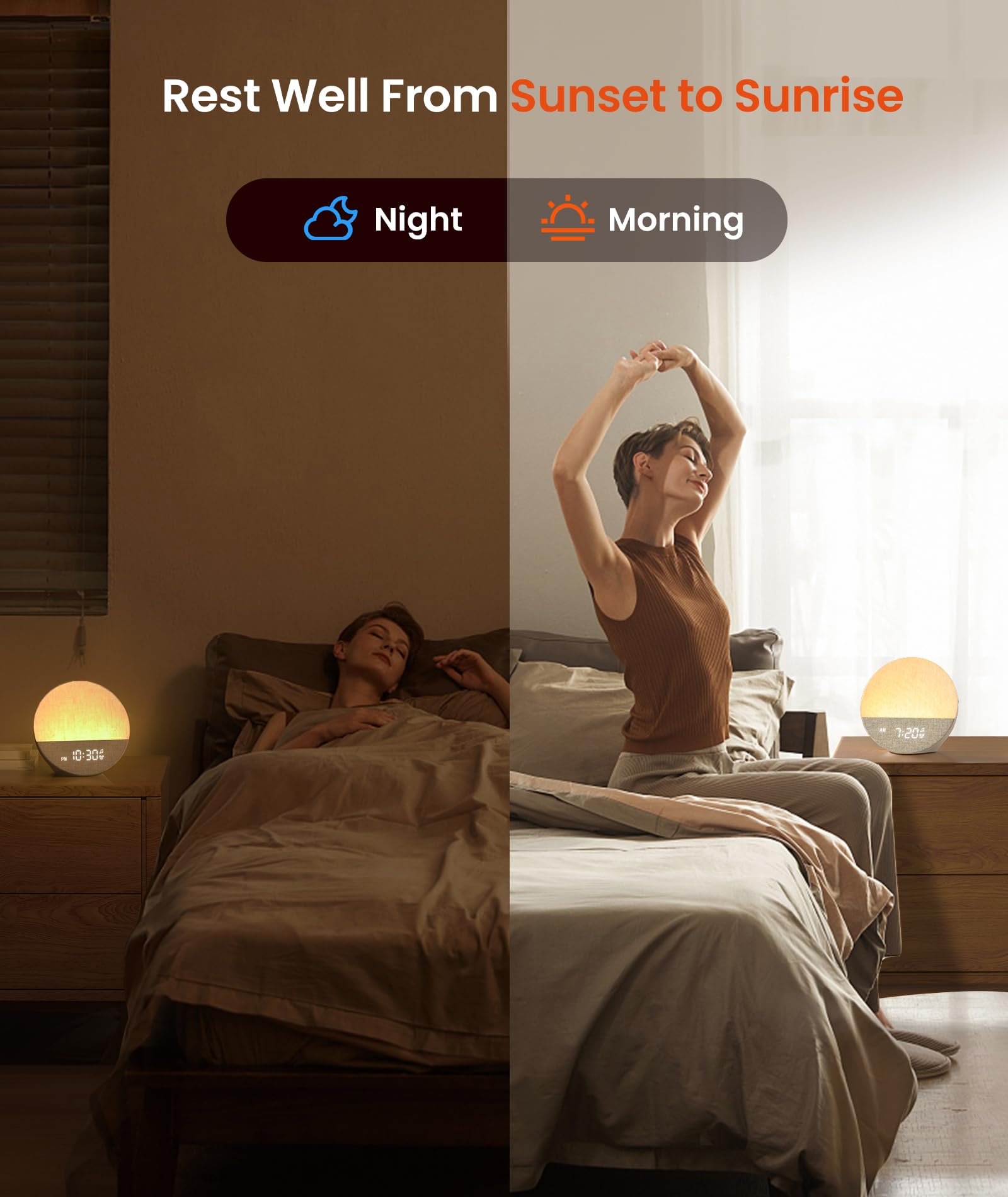 Dreamegg Sunrise 1 bedside setup supports wind-down routine suggestions.