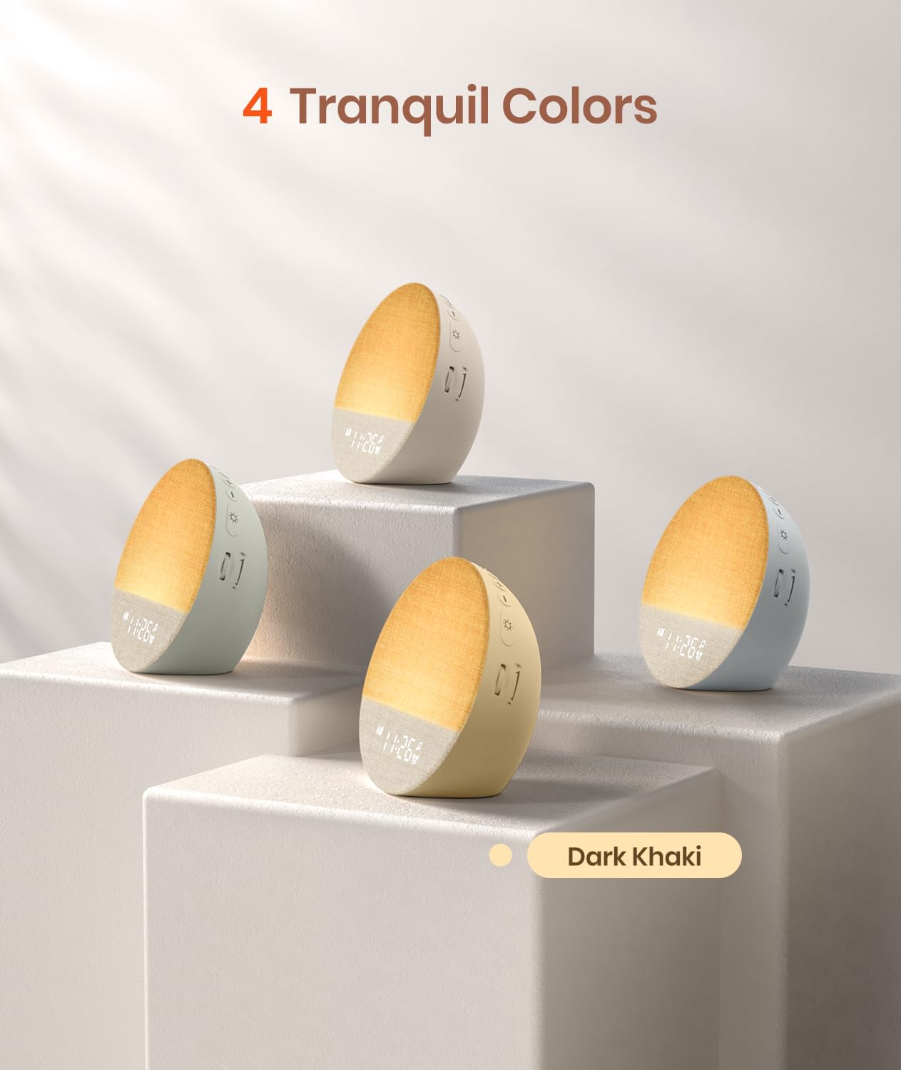 Dreamegg Sunrise 1 simulating sunrise illuminates bedside morning routine.