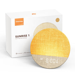 Dreamegg Sunrise 1 on a desk with warm sunrise glow for gentle wake-up.