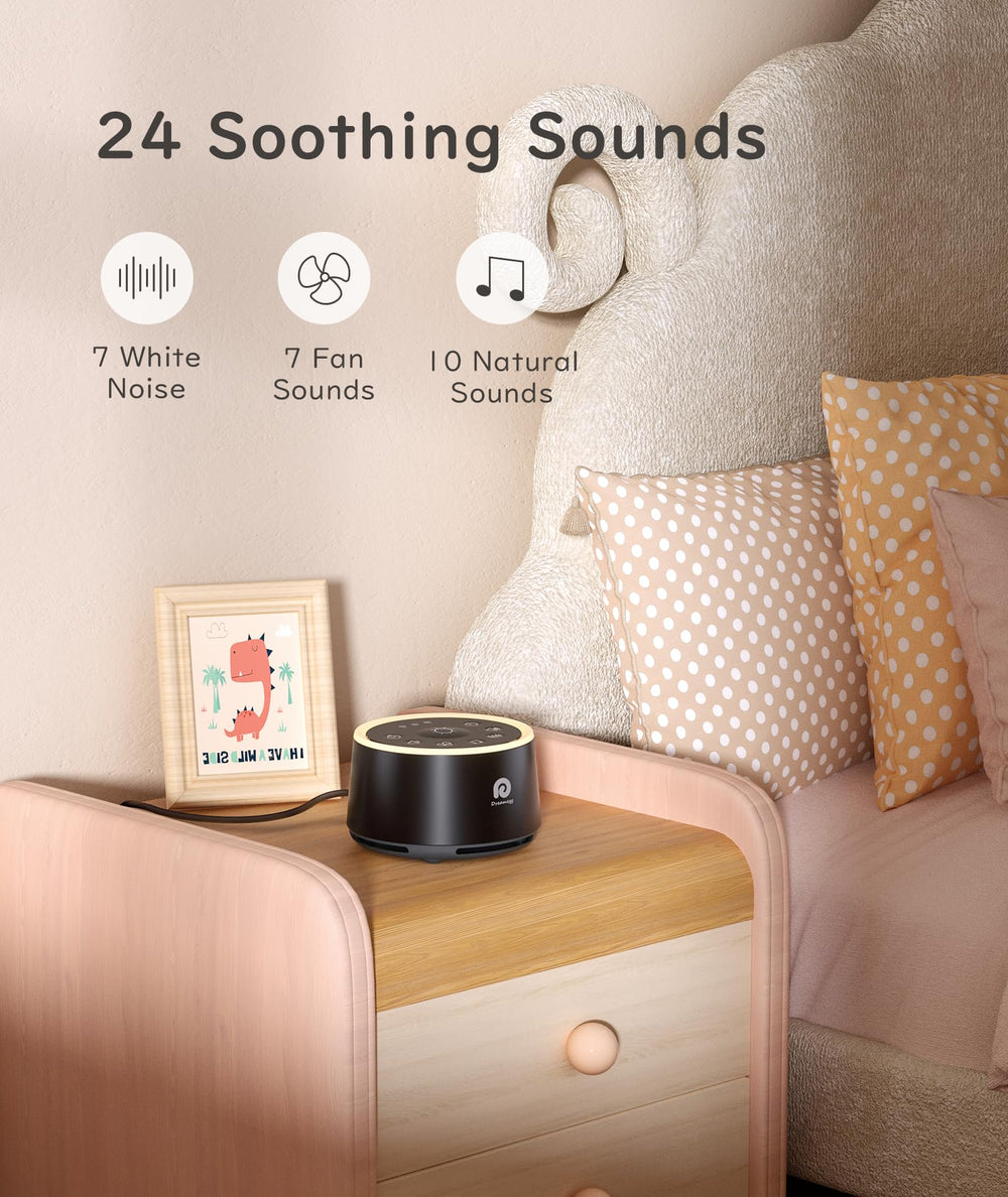 Dreamegg White Noise Machine controls shown for easy timer and volume adjustments.