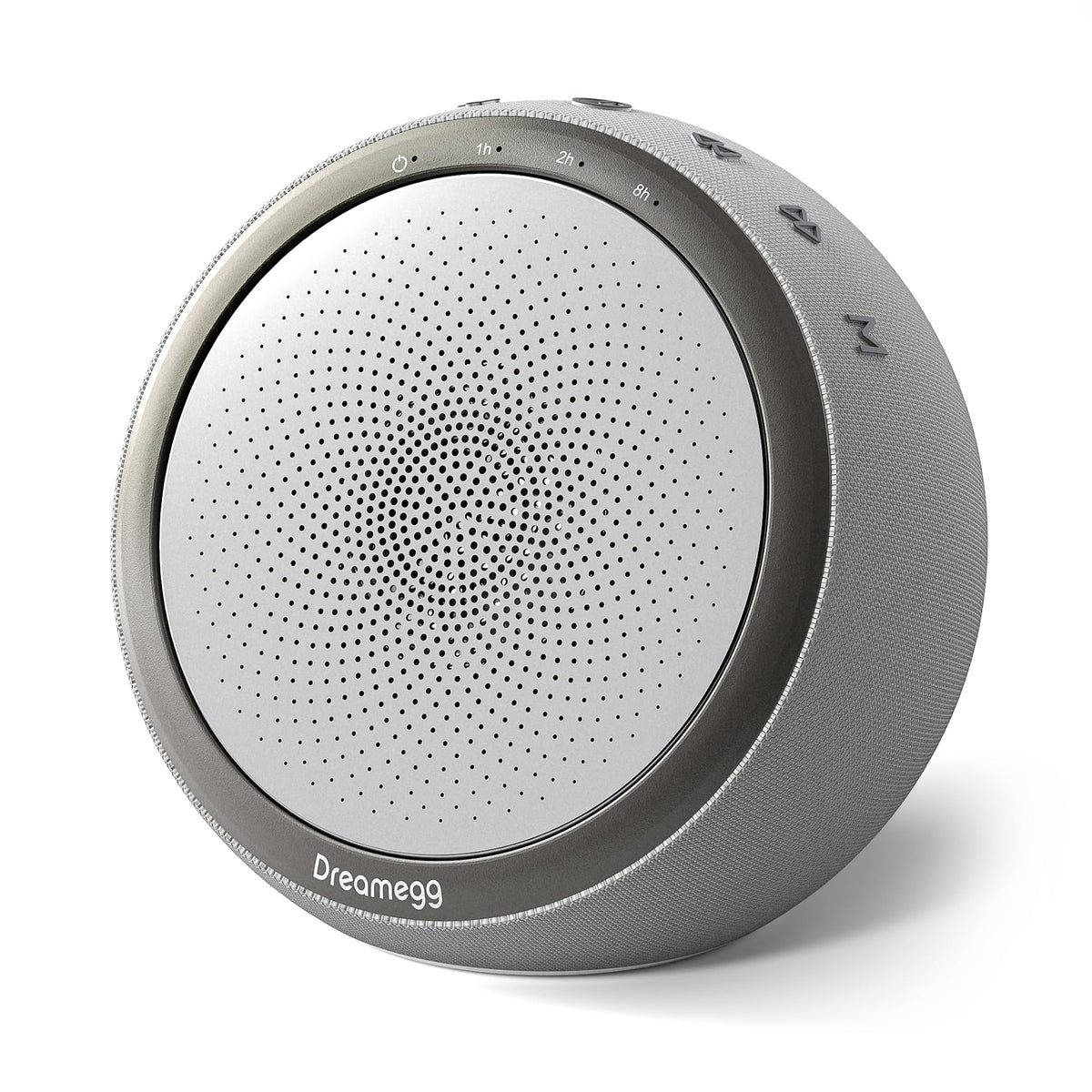 Dreamegg white noise machine front view for bedside use to improve sleep ambiance.