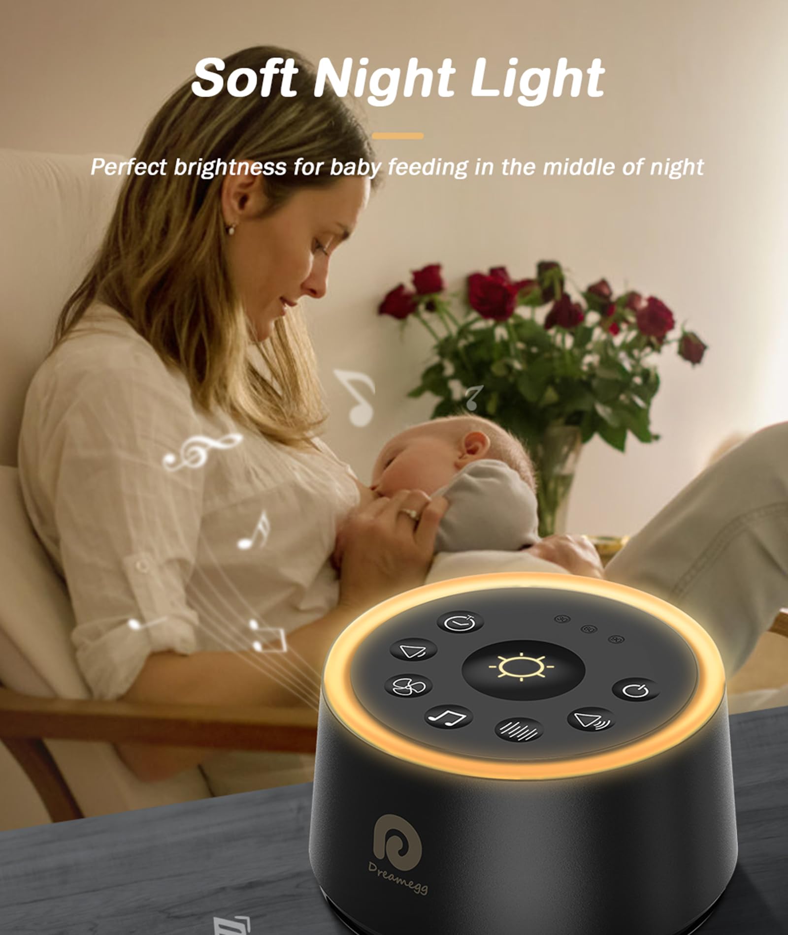 Dreamegg White Noise Machine night light glows softly for gentle night routines.