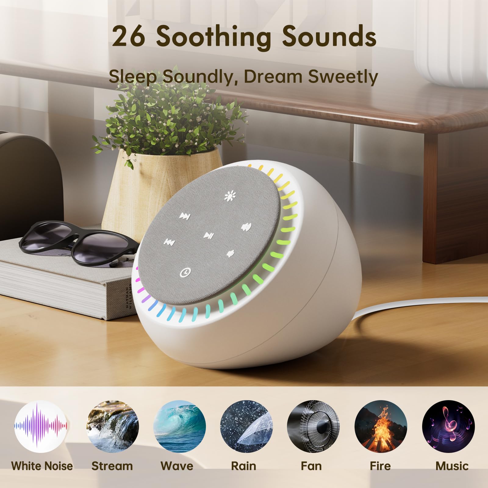 DreamSky sound machine displaying 26 sounds for personalized routines