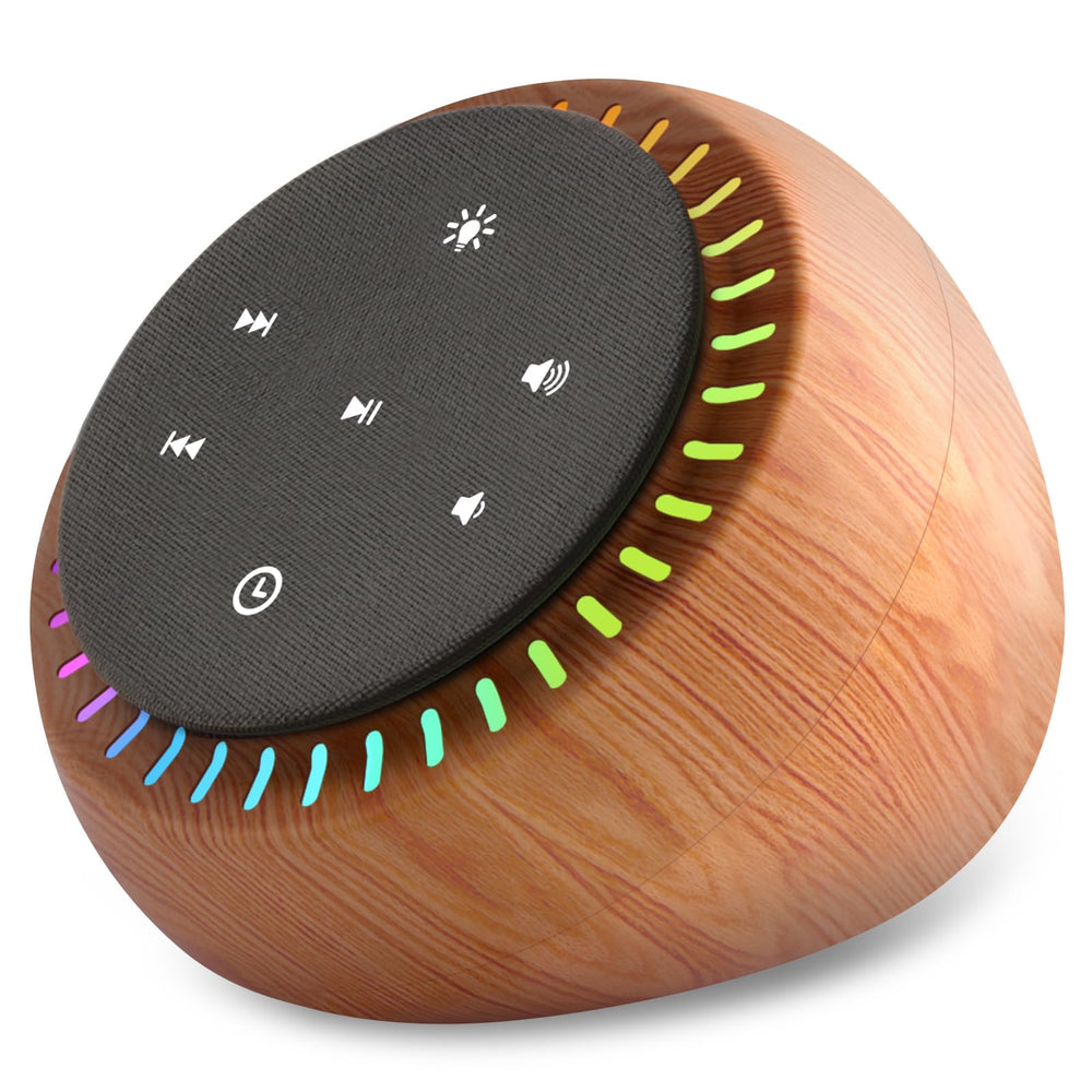 DreamSky sound machine front view in wood grain for calm sleep ambience.