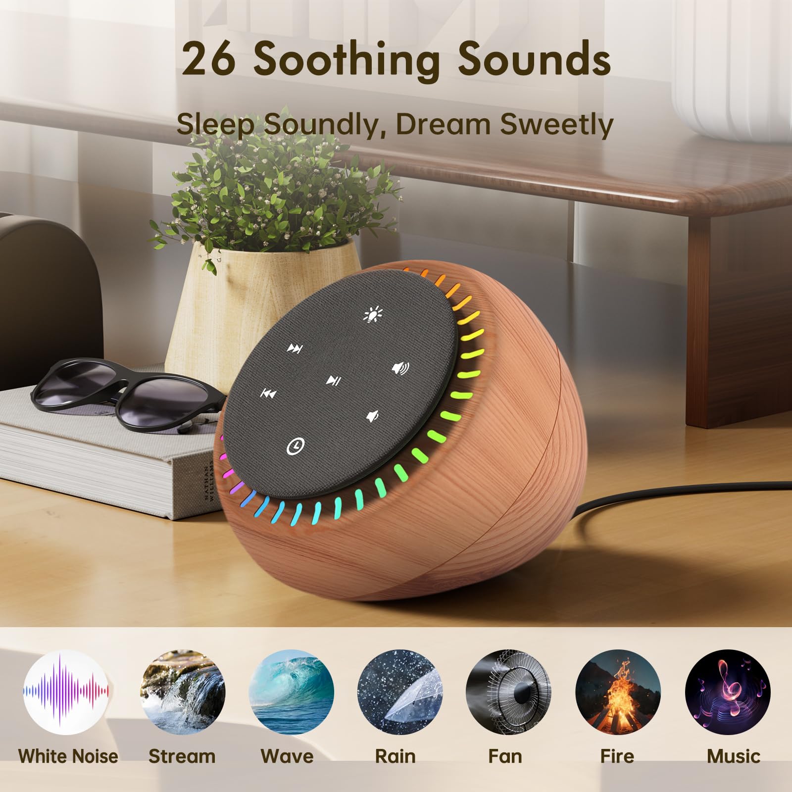 DreamSky sound machine side view shows compact wood-grain design for nightstands.