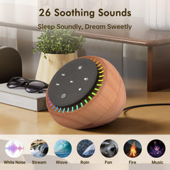 DreamSky sound machine side view shows compact wood-grain design for nightstands.
