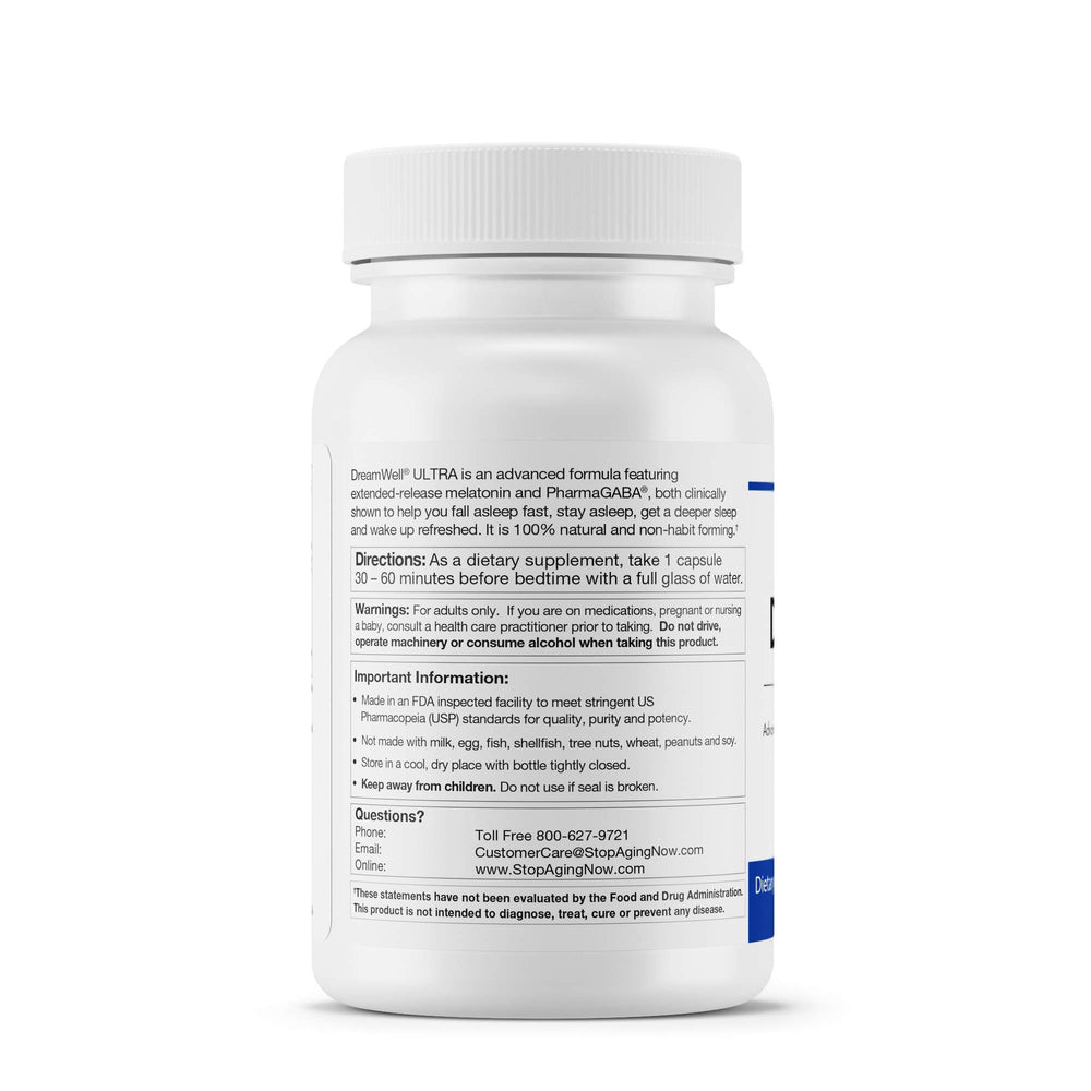 Close-up of DreamWell Ultra ingredients featuring melatonin and GABA