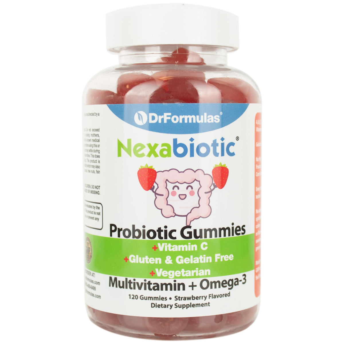Front view of DrFormulas Nexabiotic Multivitamin Gummies bottle with Omega-3 and probiotics