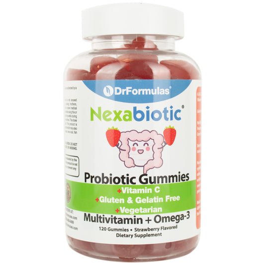 Front view of DrFormulas Nexabiotic Multivitamin Gummies bottle with Omega-3 and probiotics