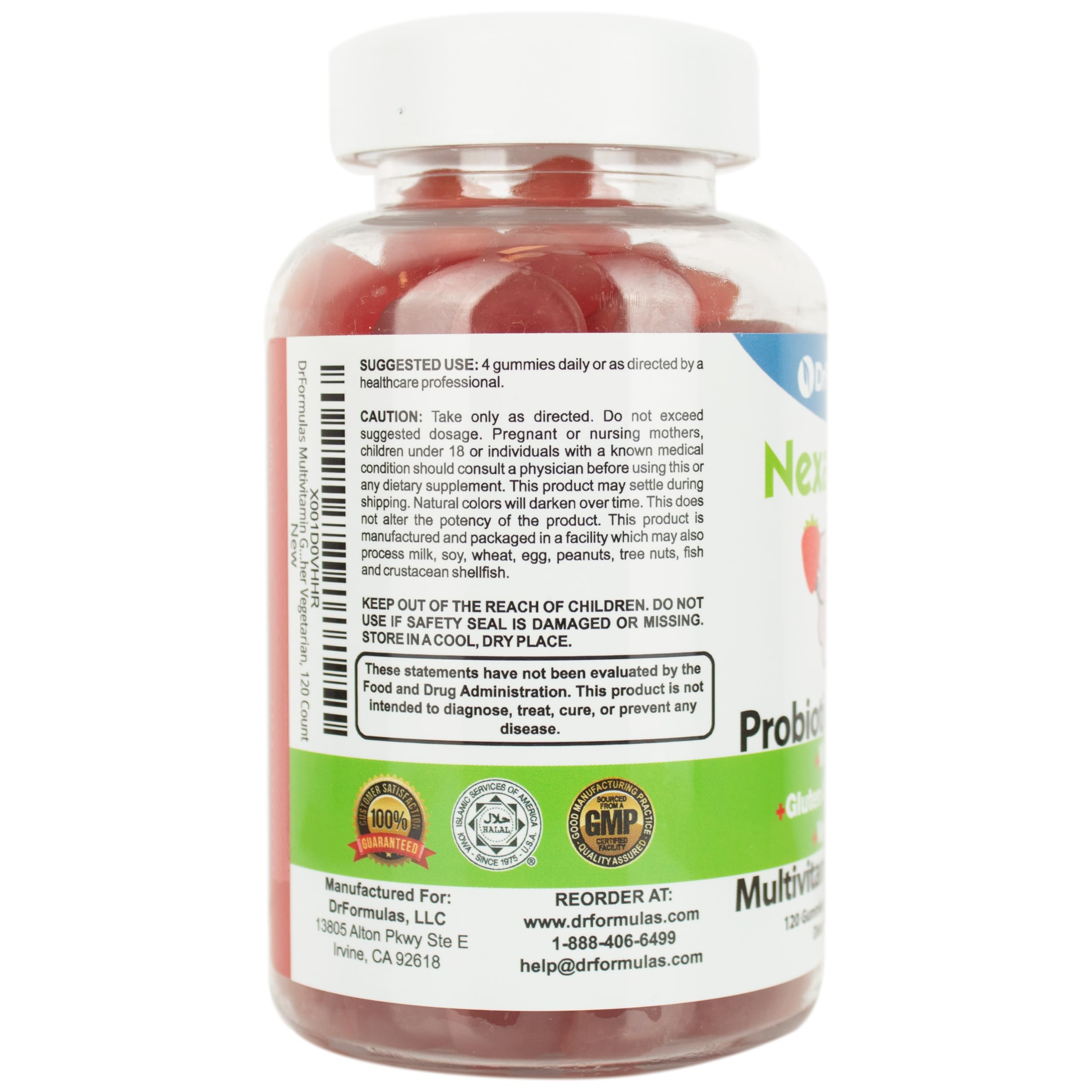 Vegan and halal certification icons on Nexabiotic packaging