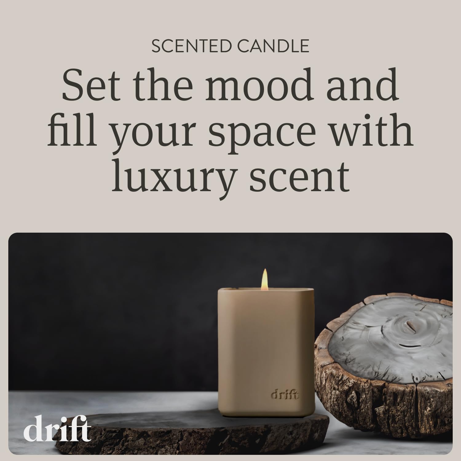 Close-up of Drift Amber candle label