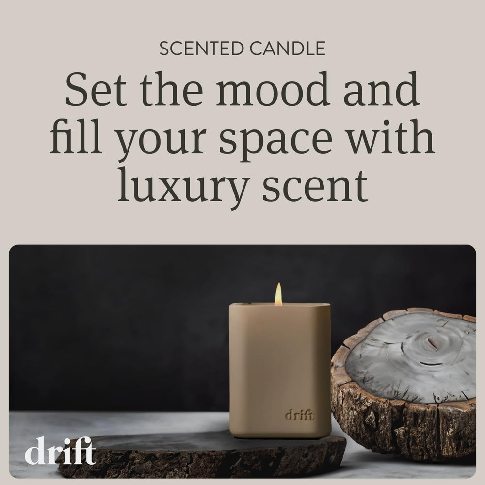 Close-up of Drift Amber candle label