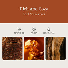 Drift Teak candle on a shelf with ambient lighting