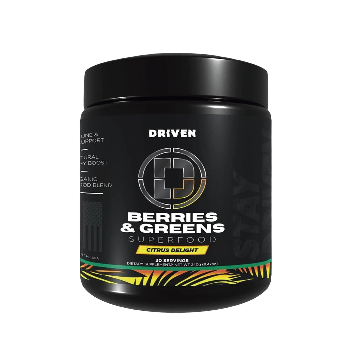 Container of Driven B&G Berries & Greens powder with Citrus Delight flavor