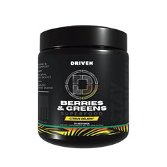 Container of Driven B&G Berries & Greens powder with Citrus Delight flavor