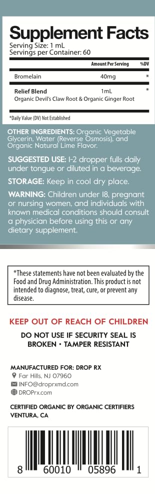 Ingredient list and serving directions for DropRx Relief