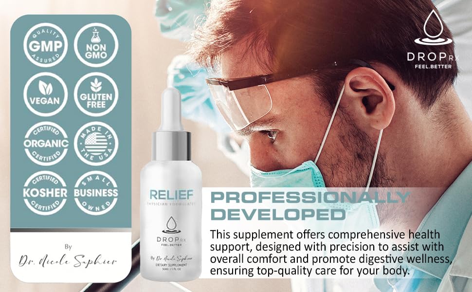 Vegan, non-GMO, kosher certifications on DropRx Relief label