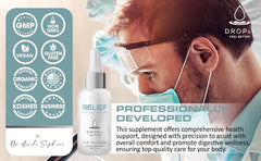Vegan, non-GMO, kosher certifications on DropRx Relief label