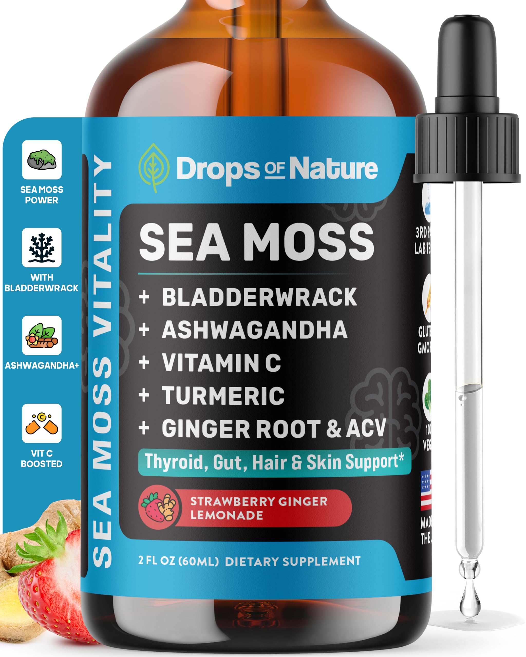 Drops Of Nature front label showing strawberry ginger lemonade and clean benefits