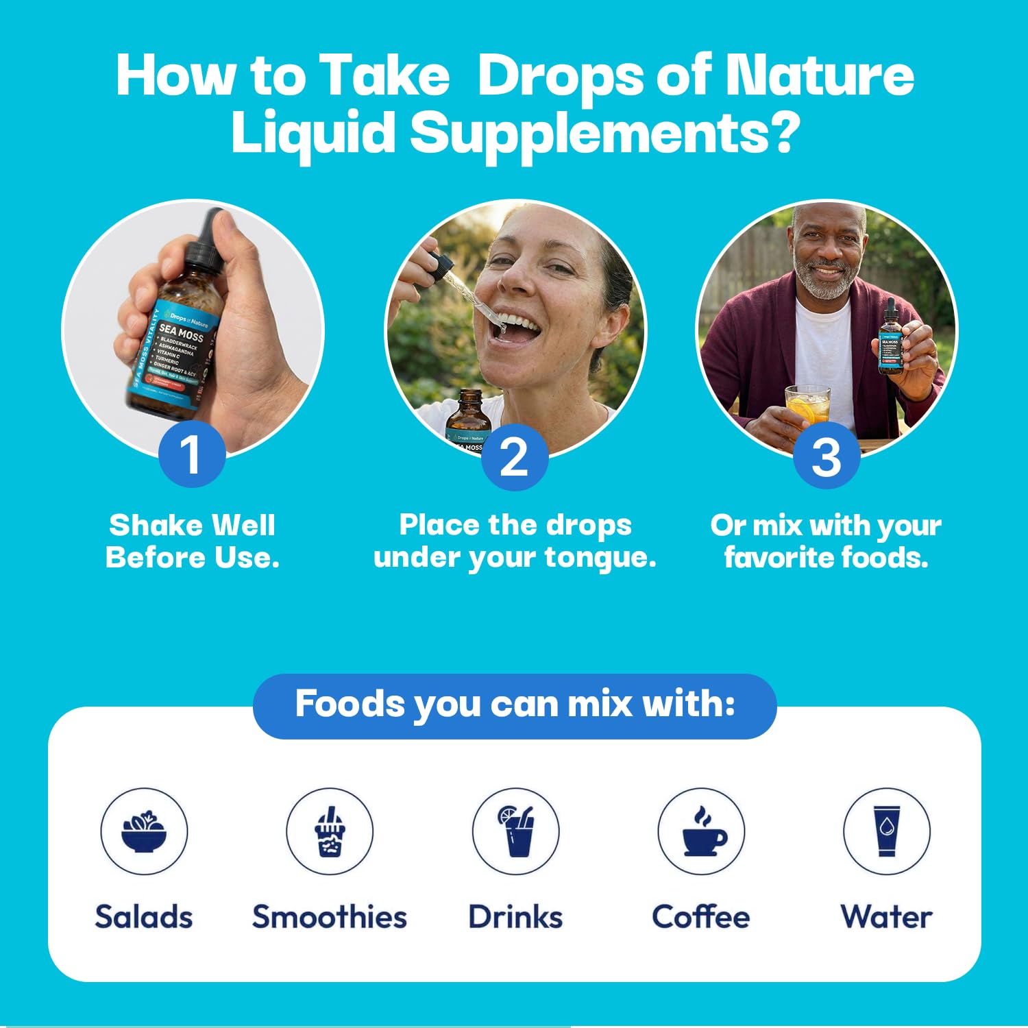 Drops Of Nature ingredients spread with sea moss and ashwagandha for nutrient variety