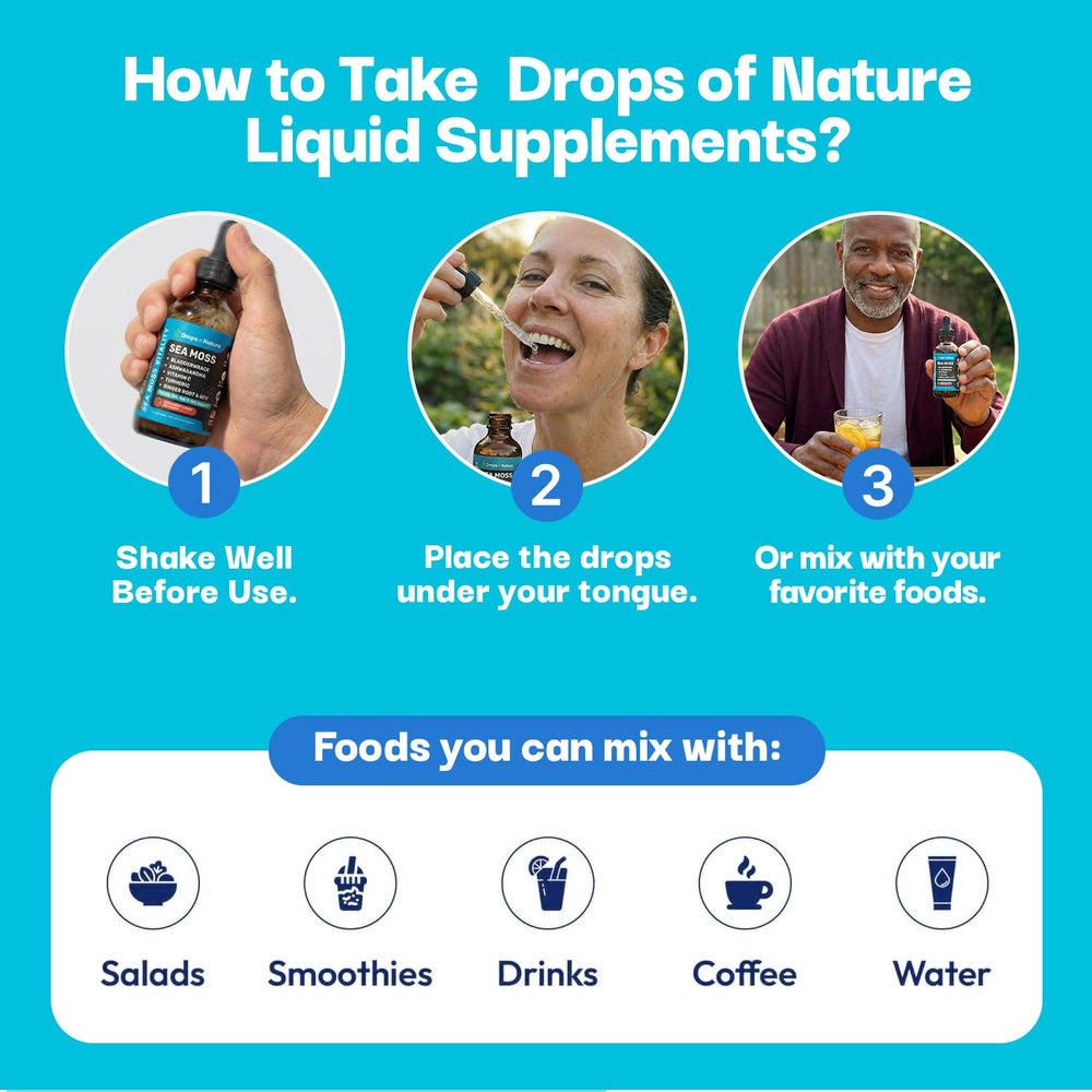Drops Of Nature ingredients spread with sea moss and ashwagandha for nutrient variety
