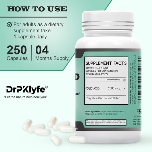 Close-up of DrPKLyfe folic acid tablets 2000 mcg