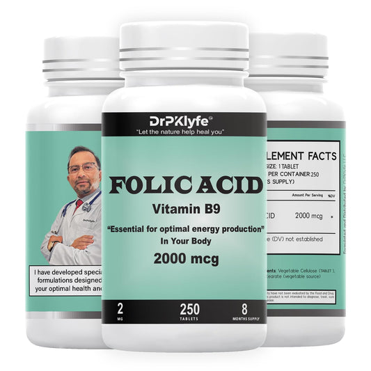 DrPKLyfe Folic Acid Tablets bottle showing 250 tablets 2000 mcg front view