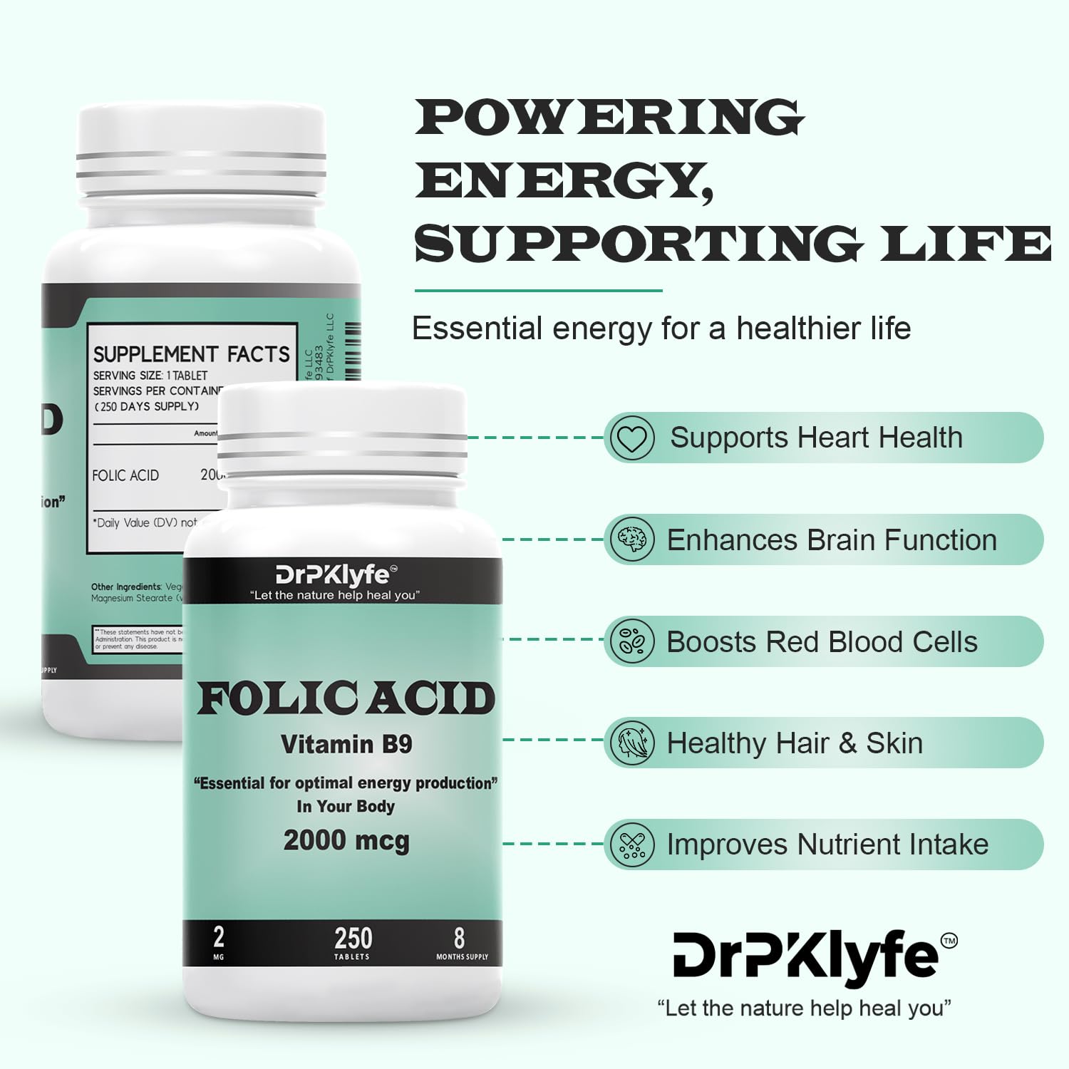 Graphic illustrating energy support from folic acid tablets