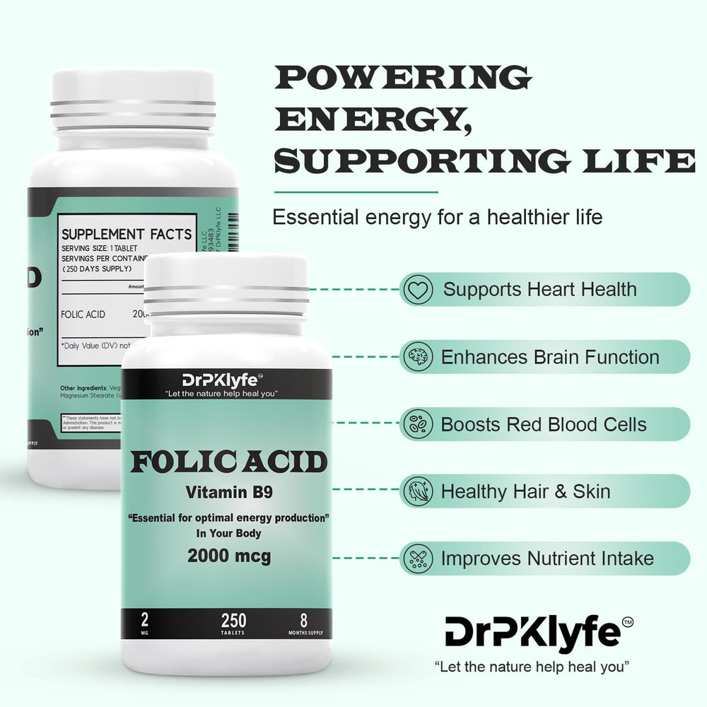 Graphic illustrating energy support from folic acid tablets