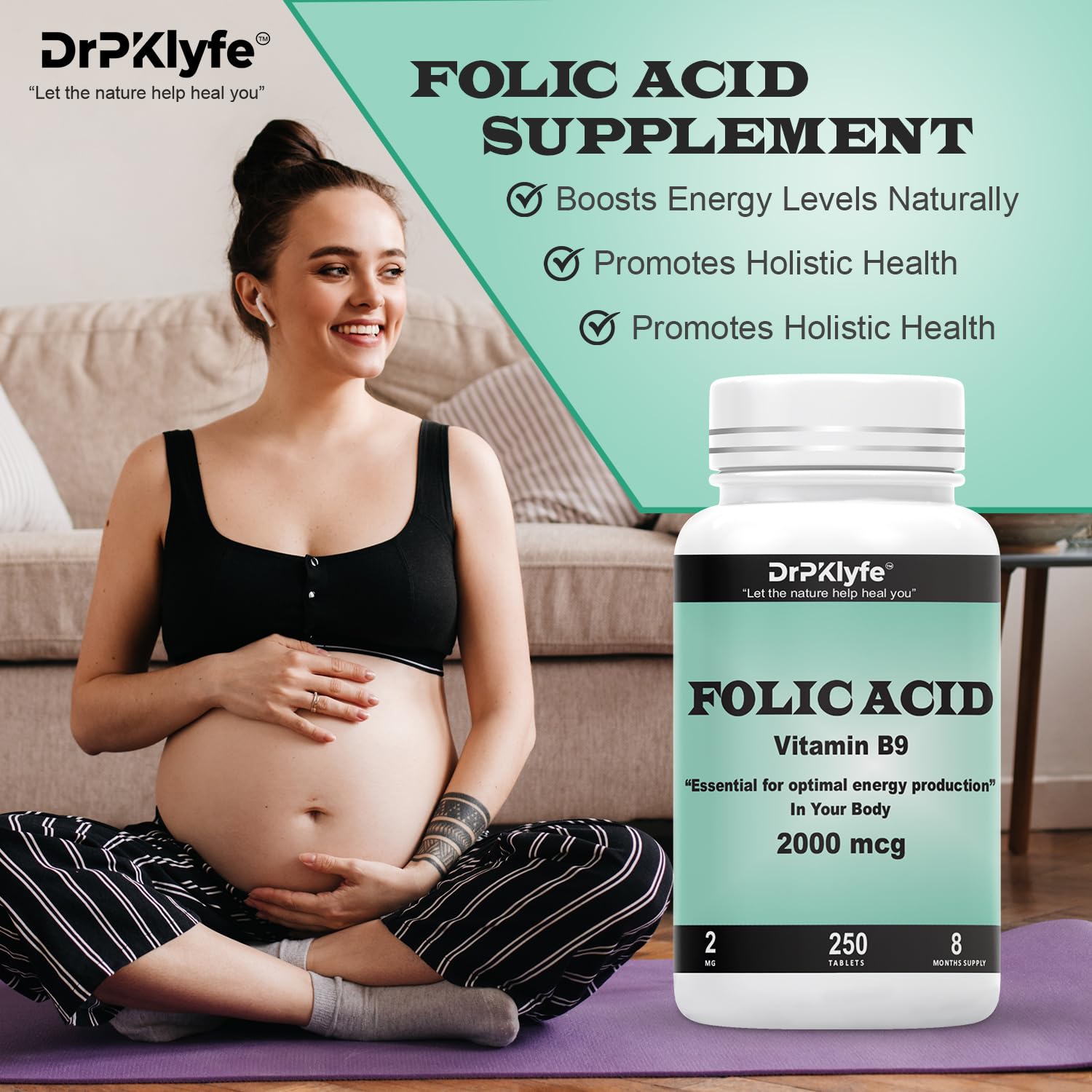 Supplement facts and ingredients label for DrPKLyfe folic acid