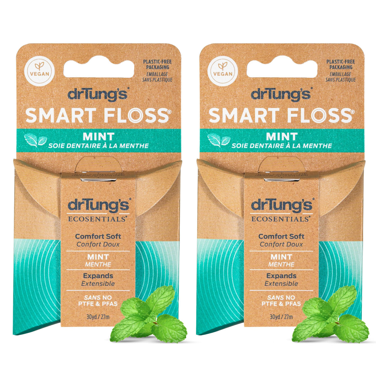 Front view of drTung's Smart Floss Mint 2-pack box