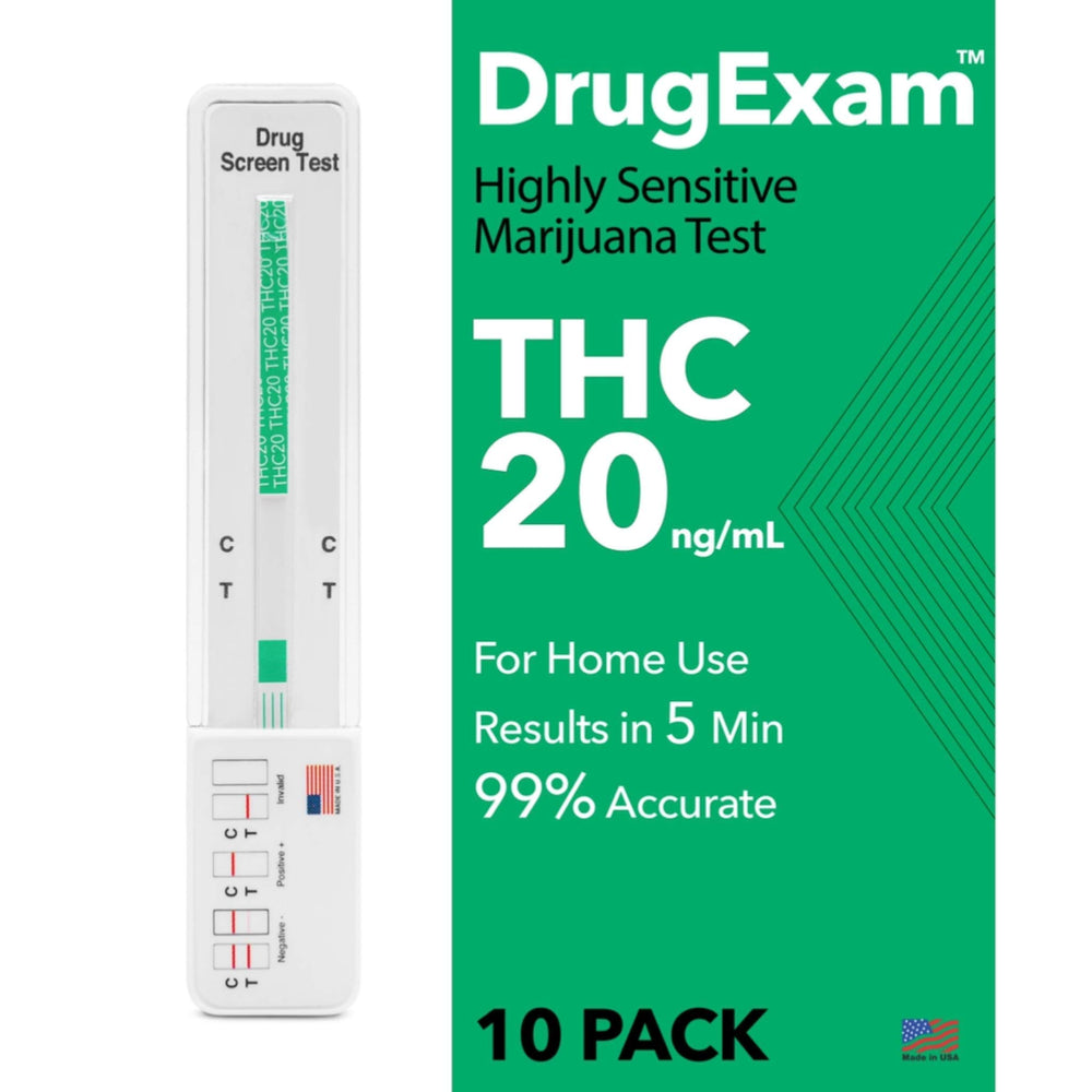 Front view of DrugExam 10-pack THC test kit