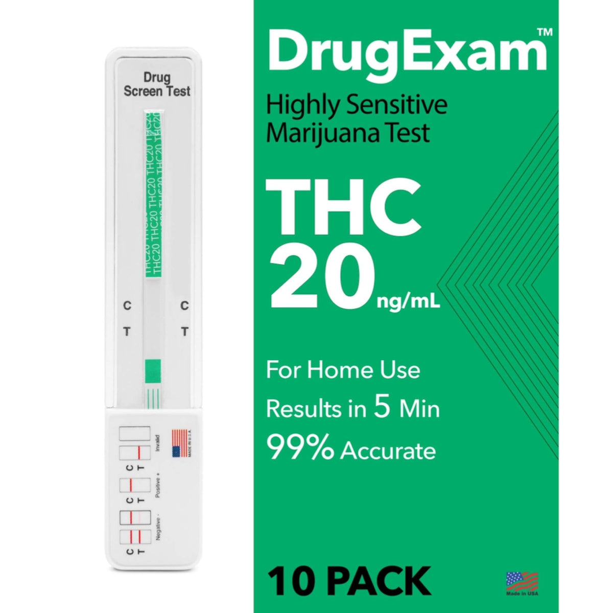 Front view of DrugExam 10-pack THC test kit