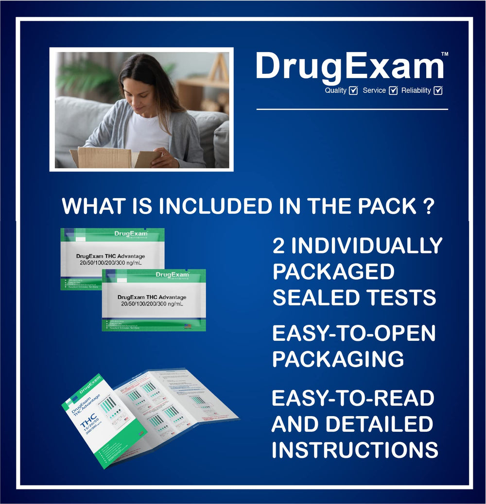 Two-pack DrugExam THC urine test kit in packaging