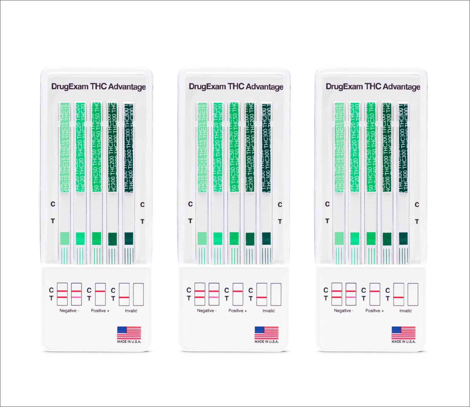 Three-pack DrugExam tests laid out for use