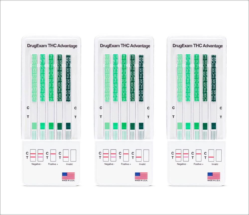 Three-pack DrugExam tests laid out for use