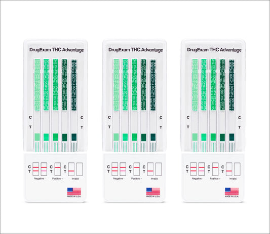 Three-pack DrugExam tests laid out for use