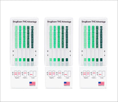 Three-pack DrugExam tests laid out for use