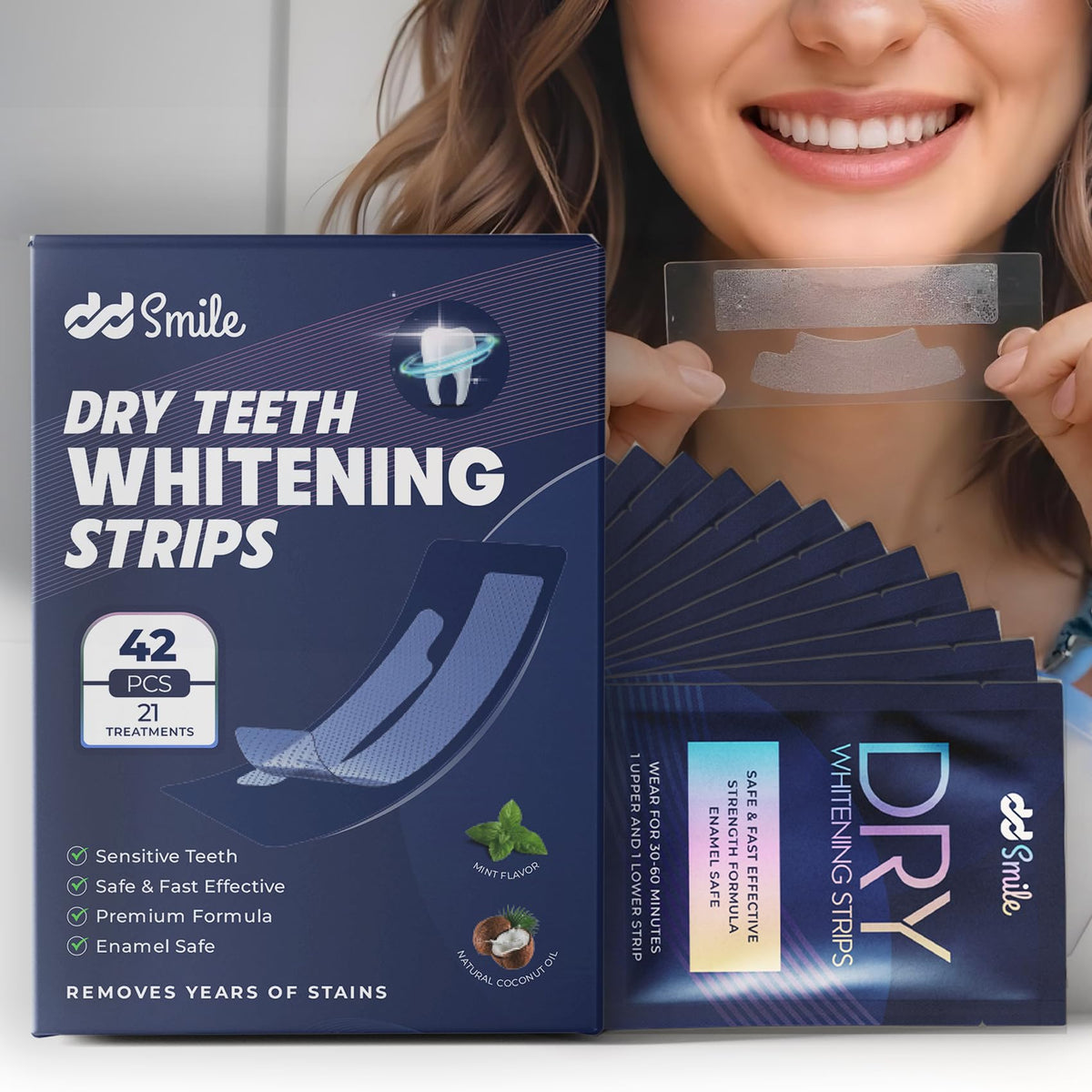 Upper and lower whitening strips in the kit (42 strips, 21 treatments)