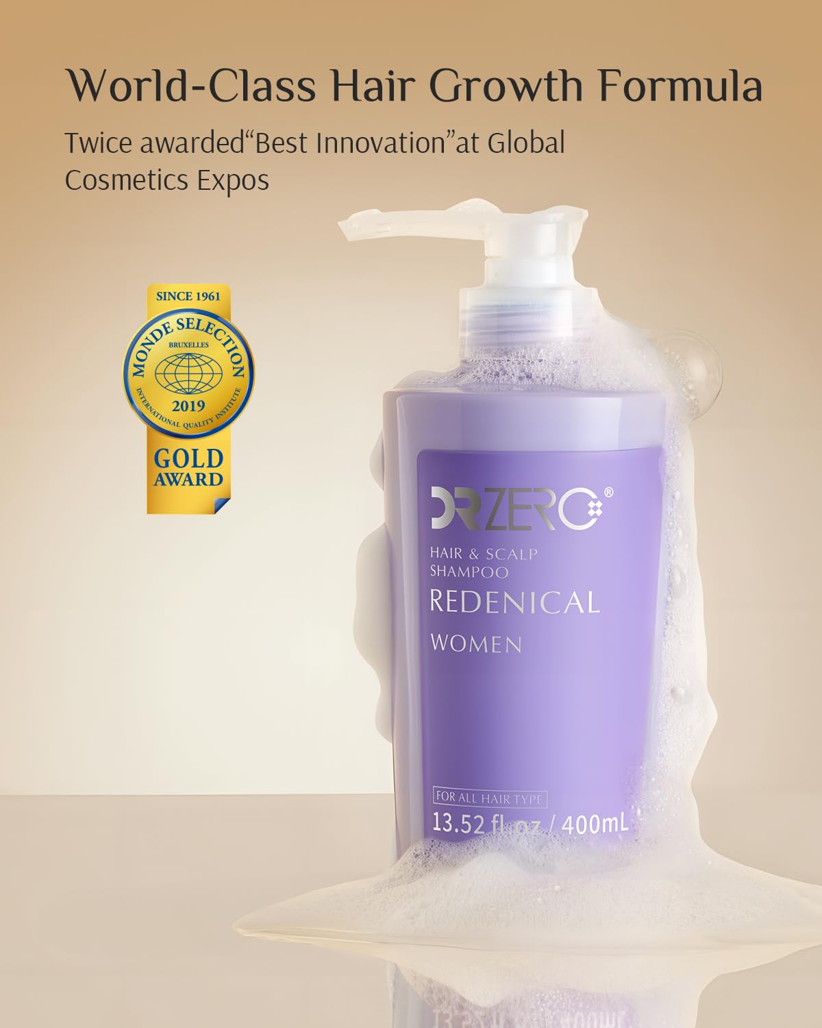 Creamy foamy lather from DR ZERO Redenical shampoo for thicker, fuller hair