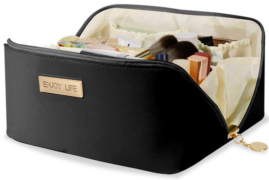 DSDCDJ travel makeup bag with open-flat design for easy access to cosmetics