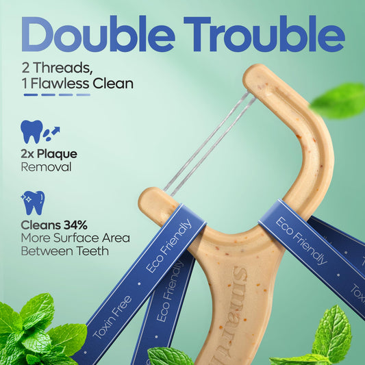 Dual-thread eco-friendly dental floss picks showing straw-wheat packaging.