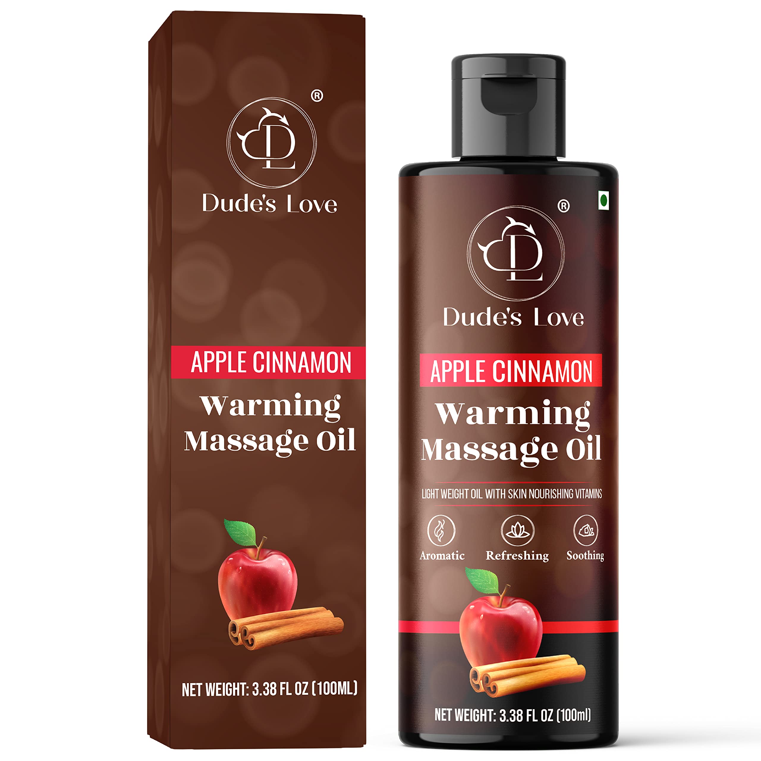 Bottle of Dude's Love Apple Cinnamon Warming Massage Oil