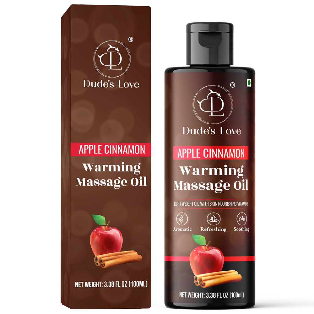 Bottle of Dude's Love Apple Cinnamon Warming Massage Oil