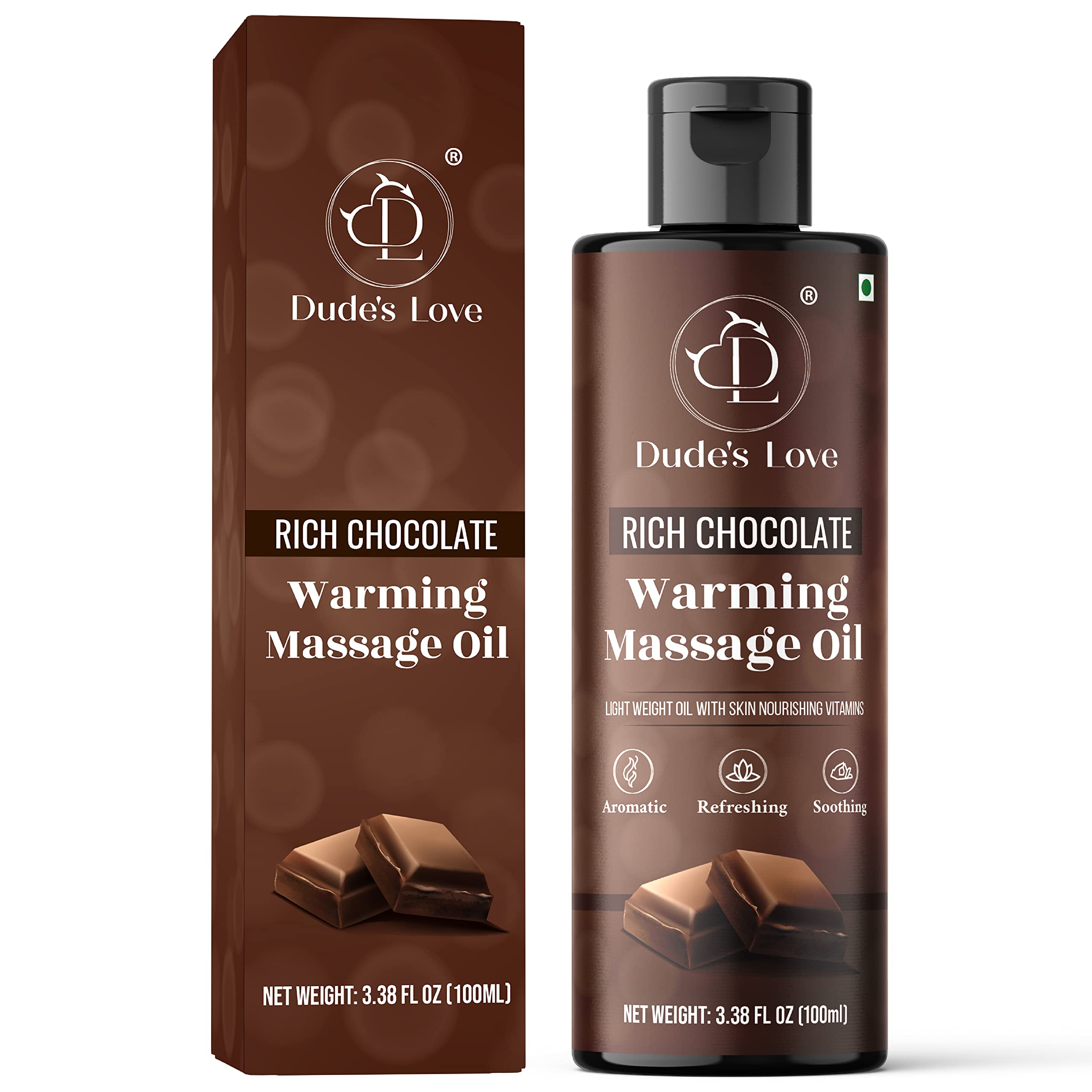 Front view of Dude's Love Organic Chocolate Warming Massage Oil bottle
