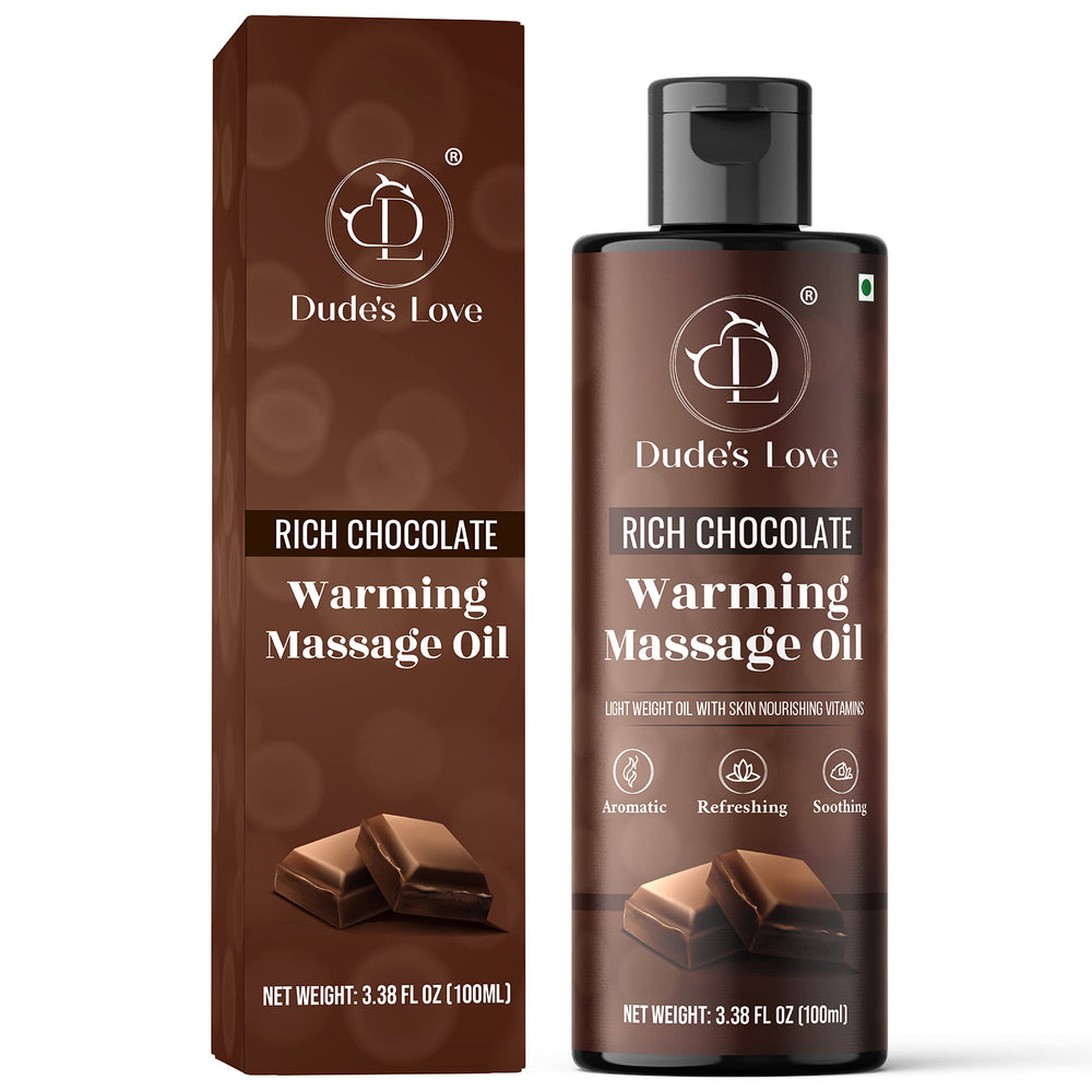 Front view of Dude's Love Organic Chocolate Warming Massage Oil bottle
